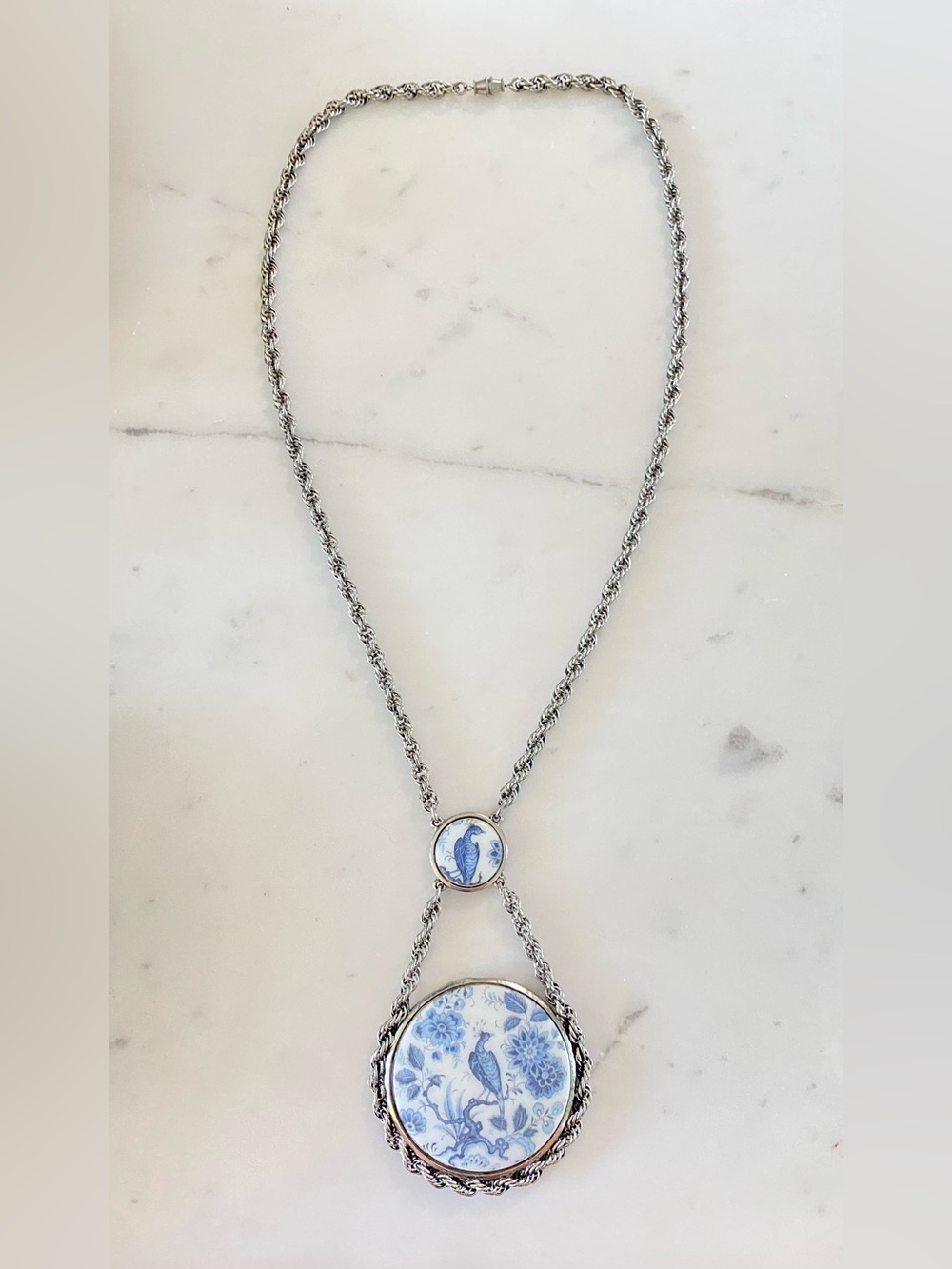 Blue & White Porcelain Pendant with Blue floral snd bird print